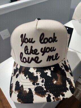 CC Boutique Cream & Brown Cowprint 'You look like you love me' Trucker Hat